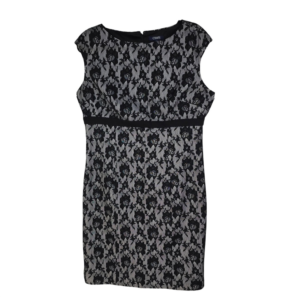 Chaps‎ Sheath Dress Size 14 Womens Black White Floral Lace Empire Waist Party